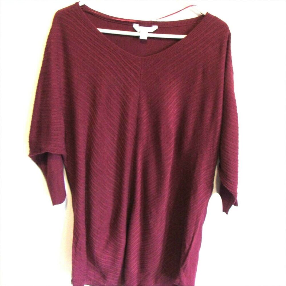 Womens Lightweight Knit Sweater Sz OX Batwing 1/2 Sleeve Black Cherry V-Neck